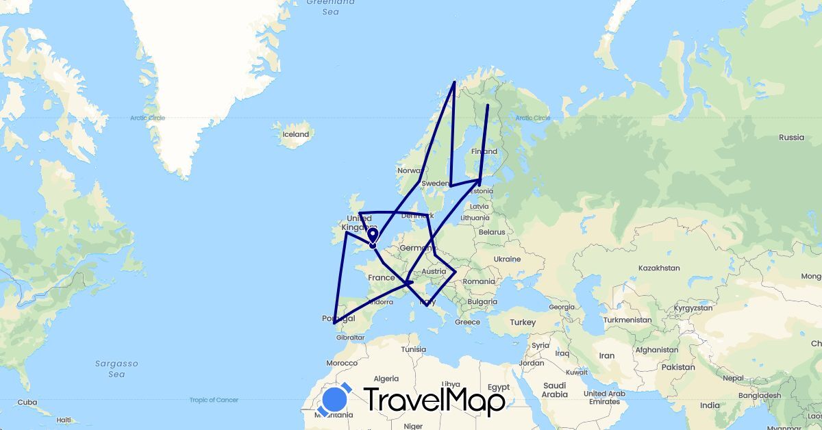 TravelMap itinerary: driving in Switzerland, Czech Republic, Denmark, Estonia, Finland, France, United Kingdom, Hungary, Ireland, Italy, Norway, Portugal, Sweden (Europe)